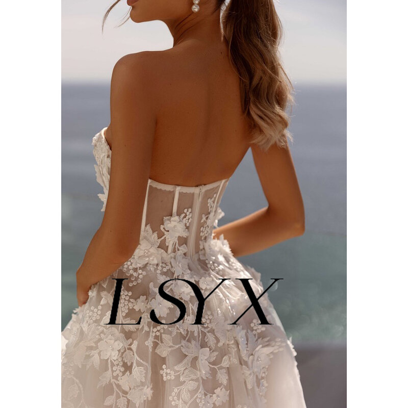 LSYX vestido de novia de tul sin tirantes, apliques de flores 3D, plisado, línea A trasera, tren de corte, vestido de novia hecho a medida
