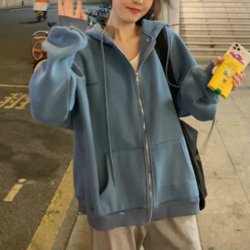 Sudadera con capucha Harajuku para mujer, chaqueta de Hip Hop, sudadera holgada informal con cremallera y bolsillos con cordón