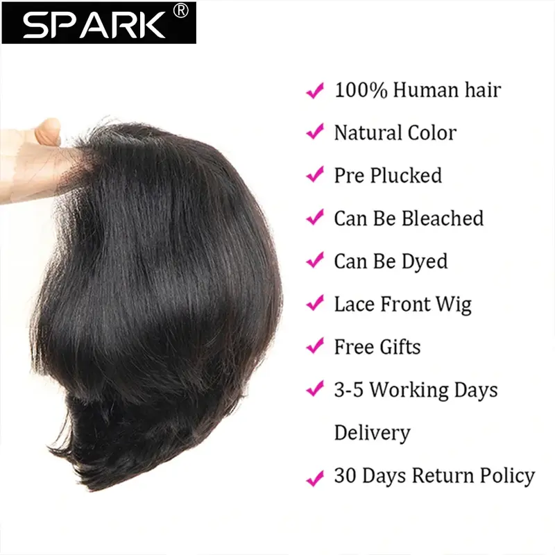 SPARK-peruca curta de cabelo humano Bob Pixie para mulheres, renda transparente, pré-arrancada