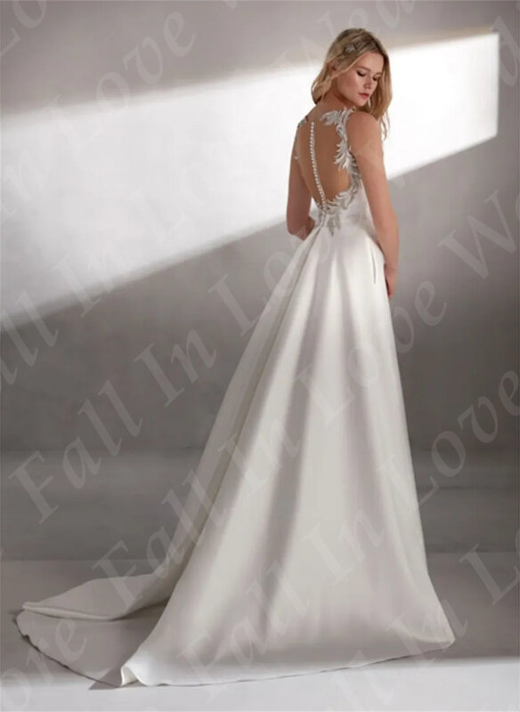 Gaun pernikahan Satin 2024 V-Neck renda Appliqued seksi ilusi Backless kancing gaun pengantin kantong A-Line gaun pesta pernikahan