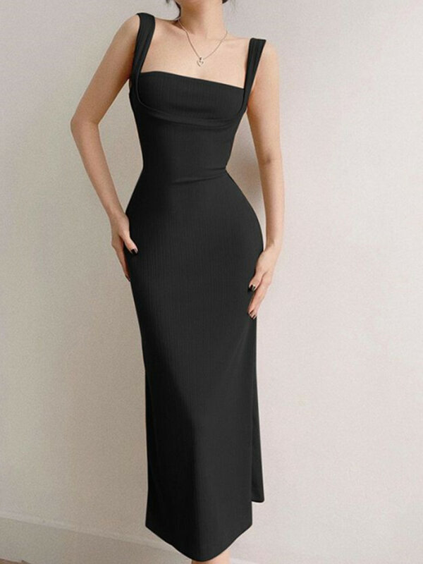 Женское платье с открытой спиной, черное приталенное платье на бретелях, весна-лето 2024