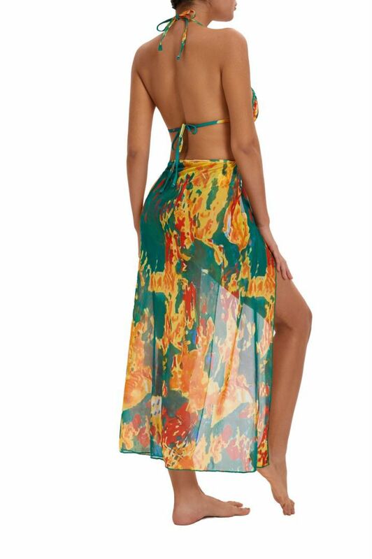 Kobiety dwuczęściowy nadruk mikrobikini z długa siateczkowa sukienka zakrywkami kostium kąpielowy damski stroje kąpielowe Vintage kostiumy kąpielowe plażowe