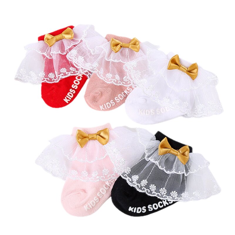 Calcetines antideslizantes para niñas pequeñas, medias suaves y ligeras con lazo de retazos de encaje