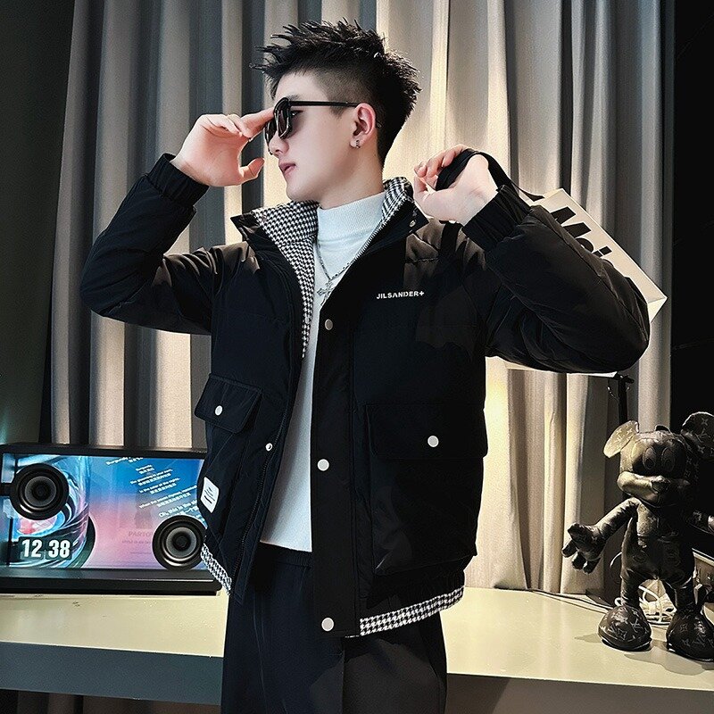 Jaket mantel katun tebal pria, parka Musim Dingin versi Korea kerah berdiri 2023 untuk lelaki