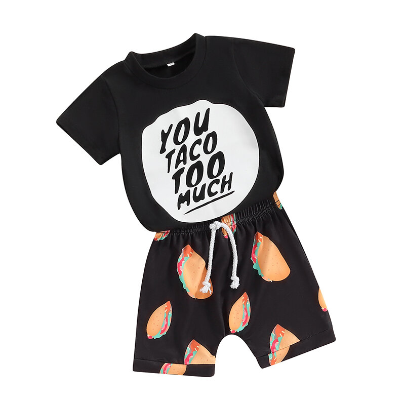Baby Jongens Korte Broek Set Korte Mouw Letters Print T-Shirt Met Taco Print Shorts Zomer Outfit