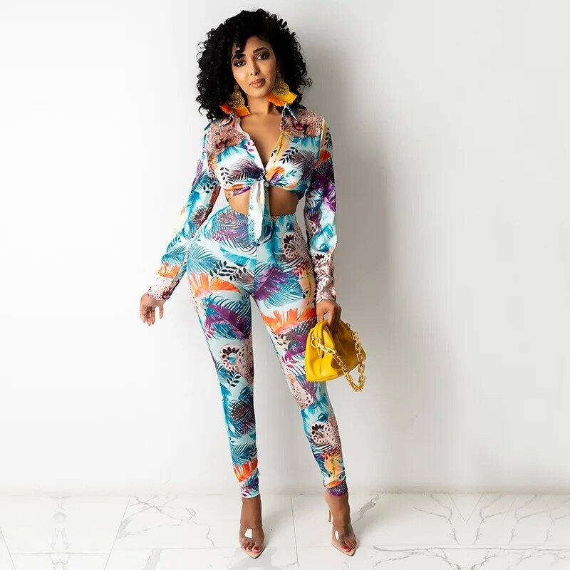 Long Sleeve Full Pant 2 Piece Sets Fashion Women Suit Sexy Holiday Style Long Sleeve Lapel Short Top Long Pant Printed Pant Sets