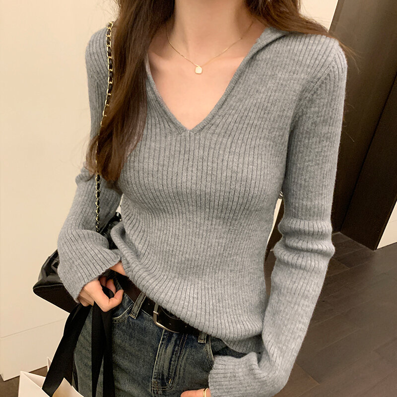 New Fashion Lapel Knitted Tops Women Sexy V-neck Long Sleeve Slim Knit Sweater Ladies Elegant Autumn Winter Jumpers