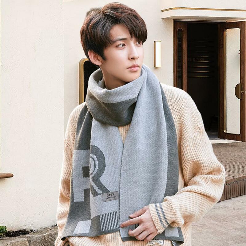Letter Print Scarf Men's Thickened Knitted Winter Scarf with Windproof Cold-proof Features Long Wide Color Matching for Warmth