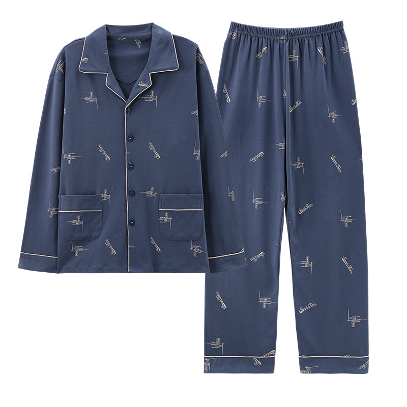 New Spring and Autumn Pure Cotton Men's Pajamas Cardigan Printing Casual Fashion Men's Pajamas Long Sleeve Pants
