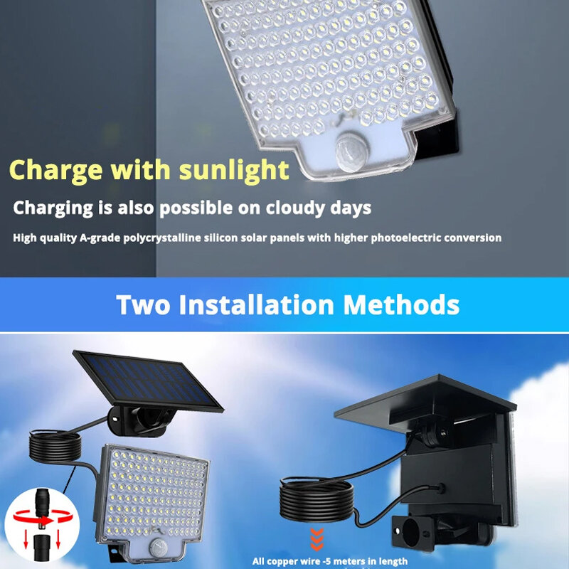 야외 장식용 스플릿 태양광 램프, 3 가지 조명 모드, 햇빛 벽 조명, PIR 모션 센서, 방수 정원 차고 램프, 106LED