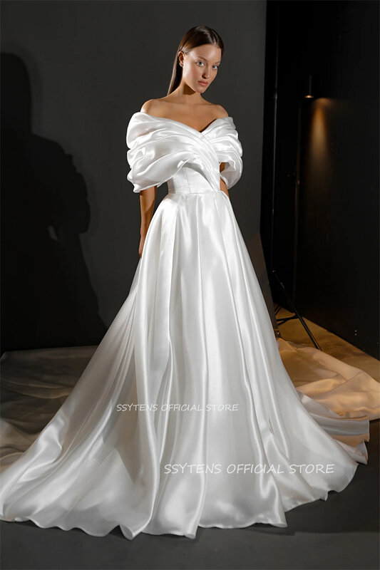 Elegante Satin A-Linie Abendkleider für Frauen von der Schulter geraffte formelle Vestidos de Noche Hochzeits kleider für Frauen