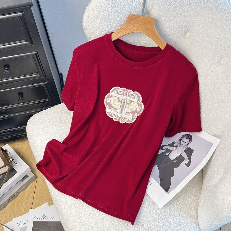 Camiseta de estilo chino para mujer, camisa informal bordada con cuello redondo, retales de manga corta, 2024
