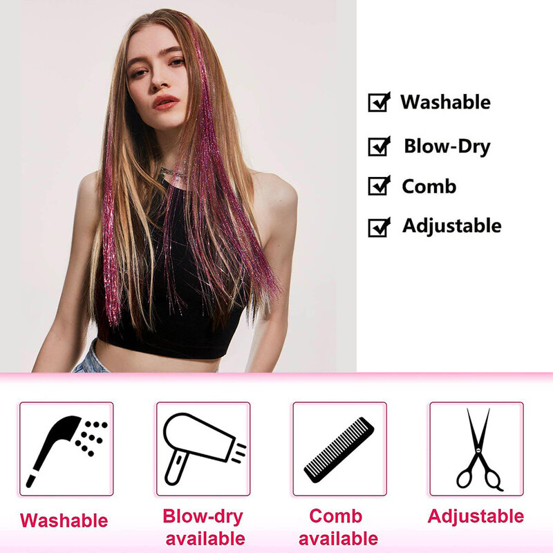 Kit d'extensions de cheveux scintillantes arc-en-ciel pour femmes, fils brillants colorés, or, accessoires de coiffure