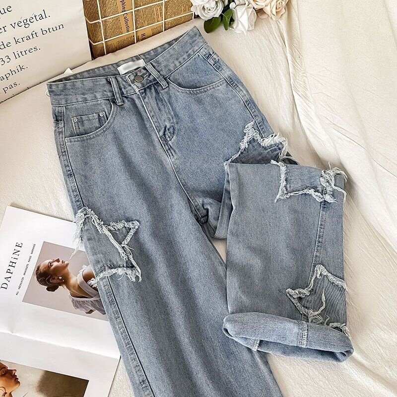 Streetwear Jeans Biru Wanita Denim Fashion Korea Pakaian Vintage Celana Wanita Jeans Kaki Lurus Wanita Pinggang Tinggi 2023