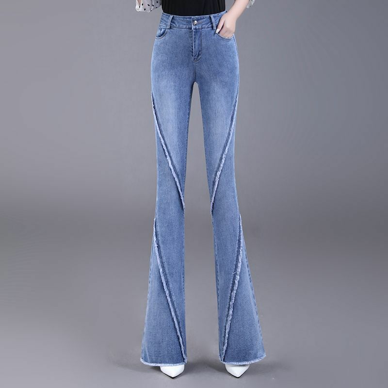 Streetwear Fashion Women Rough Edge Flare Jeans Spring Autumn New High Waist Versatile Office Lady Casual Washed Denim Trousers