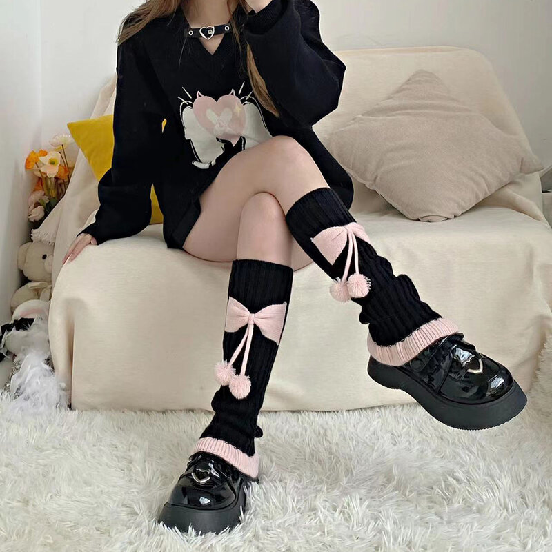 Harajuku y2k Mädchen niedlichen Bogen Plüsch Ball Bein wärmer Socken japanische Lolita Kawaii süße jk rosa Rüschen gestrickt warme Bein abdeckung