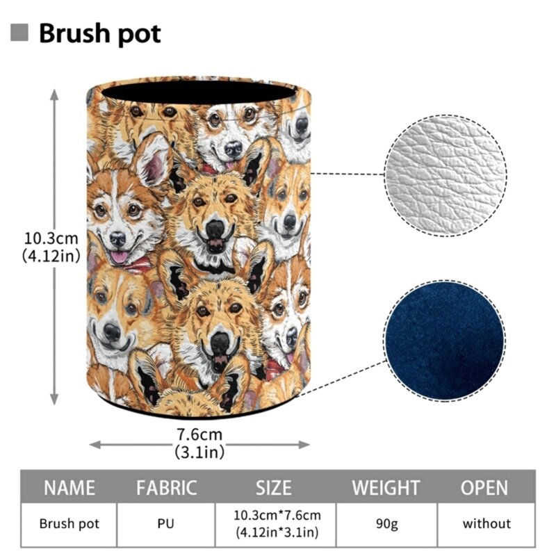 Cartoon Cylinder Pen Holder PU Leather Pencil Cup Paint Brush Holder for Office