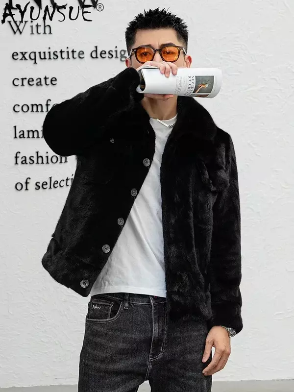 AYUNSUE-Chaqueta de piel de visón Natural para hombre, abrigo de piel Real de visón de alta calidad, con cuello vuelto, color negro, de lujo, para invierno, 2023