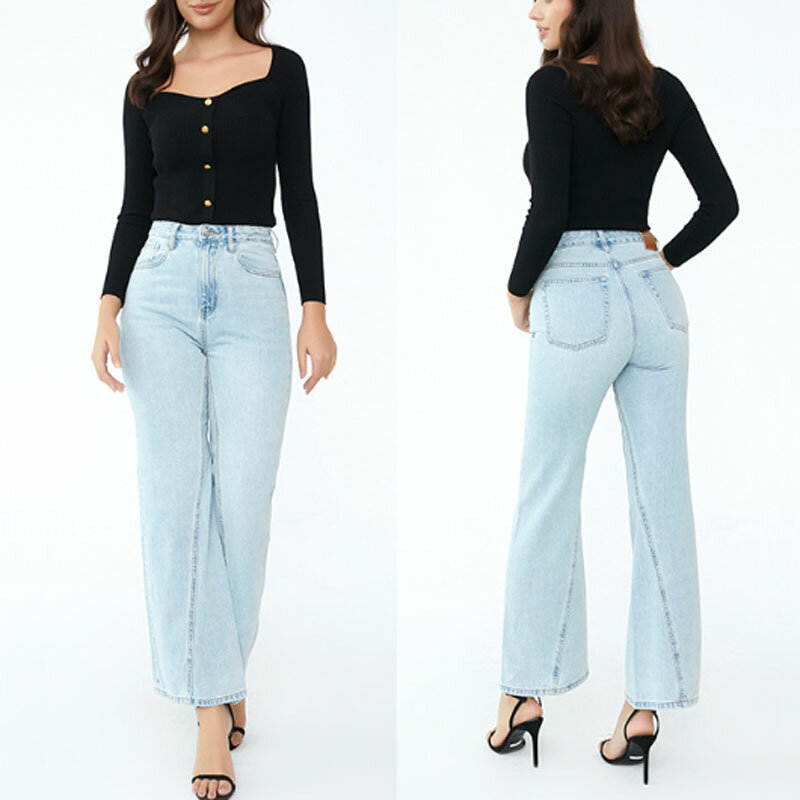 Calças jeans de cintura alta femininas, jeans largos, calças de algodão