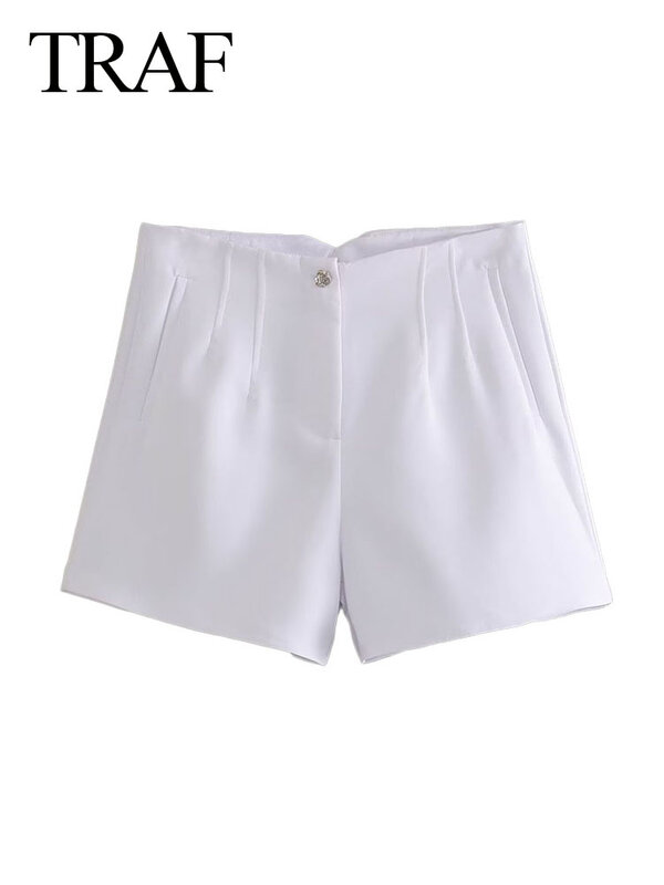 TRAF 2024 pantaloncini Chic estivi moda donna bianco bottone tascabile a vita alta decorare cerniera pantaloni corti donna High Street