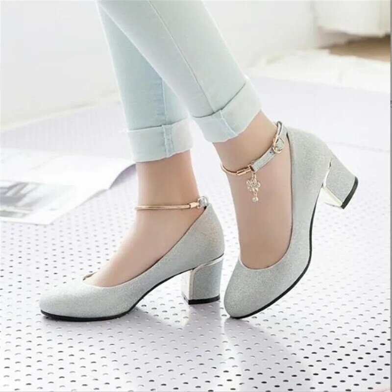 Fashion Sequin Girls Leather Shoes Woman Dress High Heel Shoes Ladies Buckle Heel Pumps Party Wedding Shoes Size 32-43