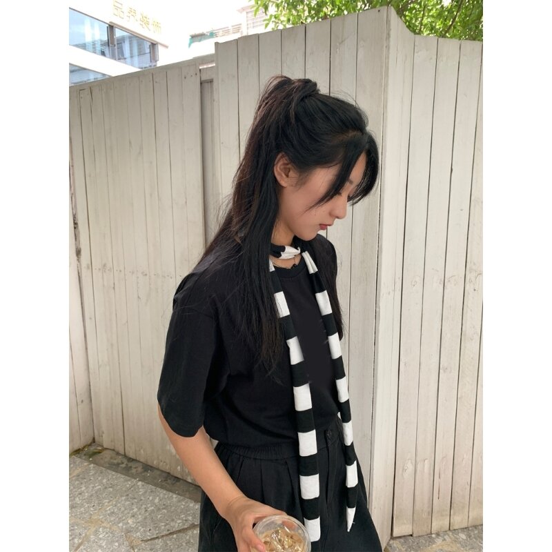 Bufandas góticas Harajuku para mujer, pañuelos largos punto a rayas estilo Y2k para chica, paño pañuelo informal