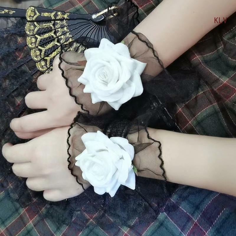 Y2K-Manchette en dentelle rose florale, bracelet commandé, mancommuniste de poignet à fausses manches, gants de poignet en dentelle florale transparente vintage
