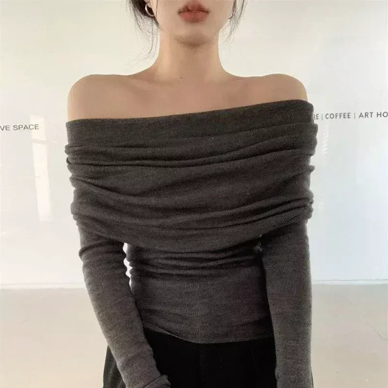 Deeptown-韓国スタイルの女性用ニットセーター,エレガントな裸の肩のセーター,女性用原宿ファッション,セクシーなゆったりとしたセーター