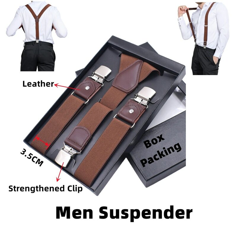 3.5CM Men's Suspender Y-Shaped 3 Clips Leather Suspenders Wide Strap High Quality Elastic Strengthened Clip Box Packing B0842
