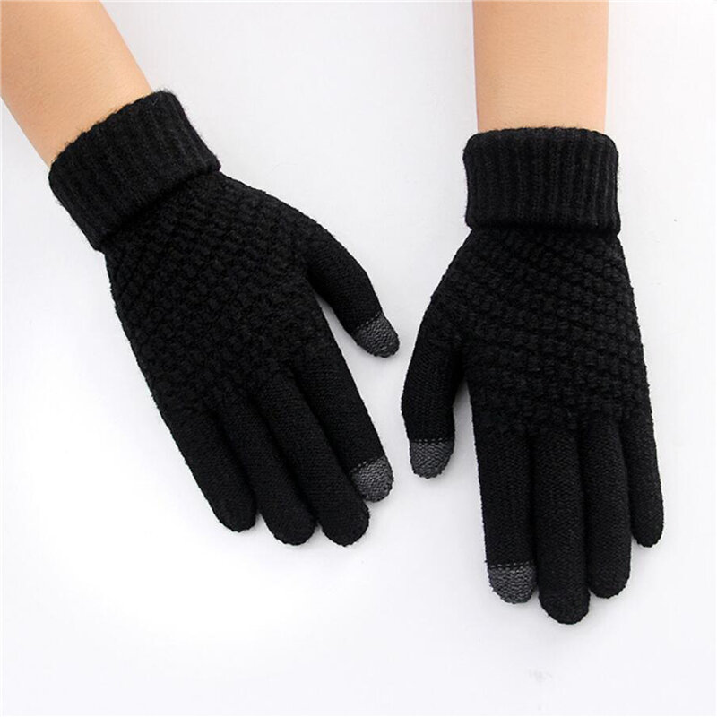 Rękawiczki zimowe do ekranów dotykowych moda męska ciepła rozciągliwa dzianinowa mitenki z imitacją wełny na cały palec Guantes kobiece szydełko zagęszczone