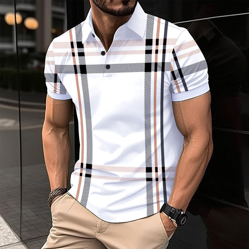 Polo de manga corta con solapa y estampado a rayas para hombre, camiseta informal de negocios, color, moda de verano