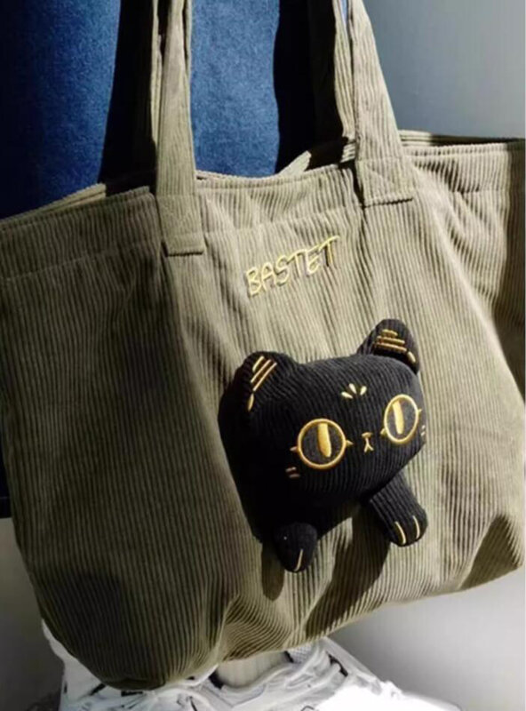 고양이 자수 핸드백 캔버스 가방, 여성용 통근 가방