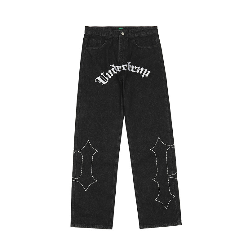 Мужские черные джинсовые брюки в стиле хип-хоп с надписью