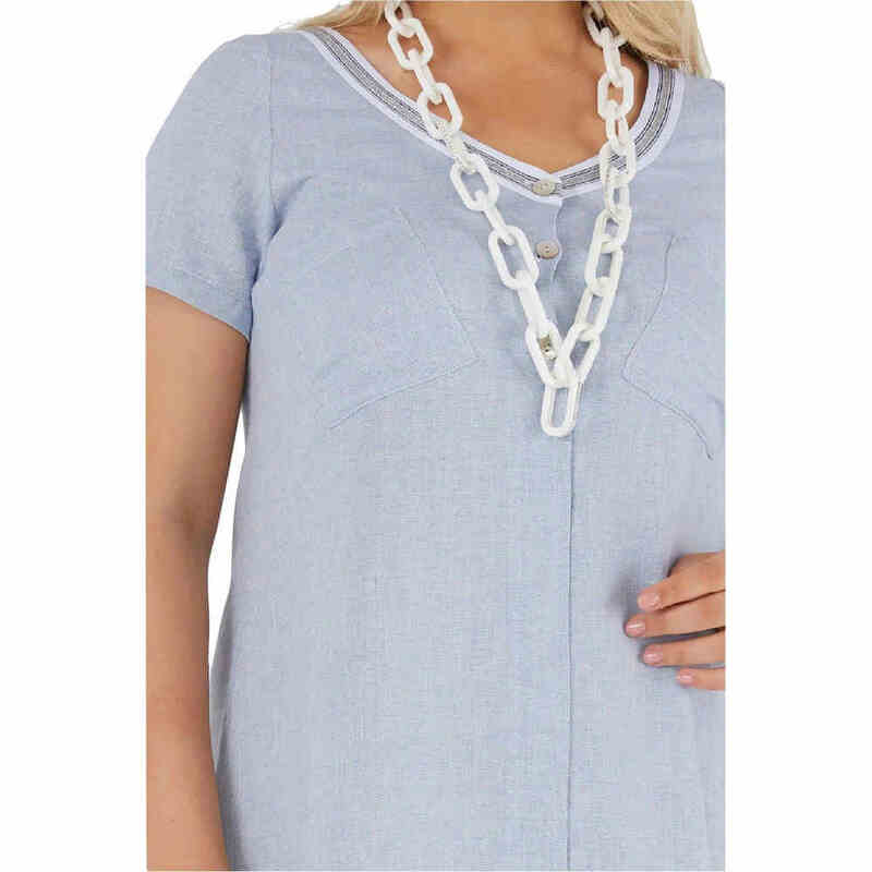 Fierte Women Plus Size Dress Lm24300 V-Neck Short Sleeve Summer Casual Cotton Long Blue Gray
