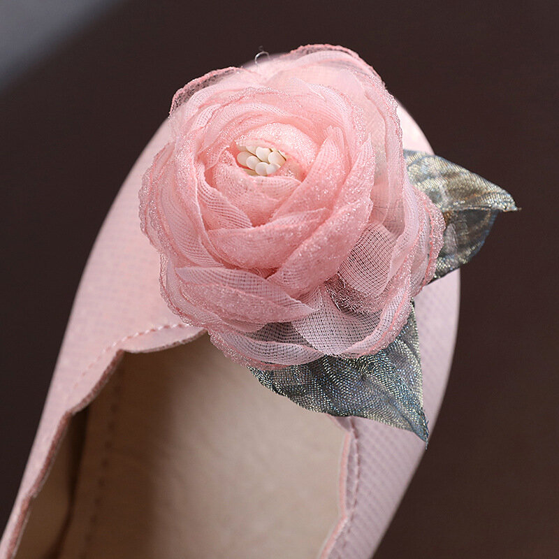 Pérola laço grandes flores meninas couro sapatos primavera crianças princesa antiderrapante macio plana sapatos de dança estudantes desempenho sapatos