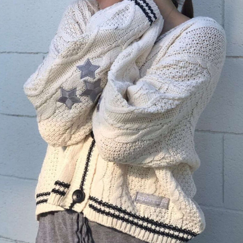 Cardigans soltos bordados estrela feminina, peito único, top de manga comprida, suéteres giratórios, streetwear vintage Y2K, inverno