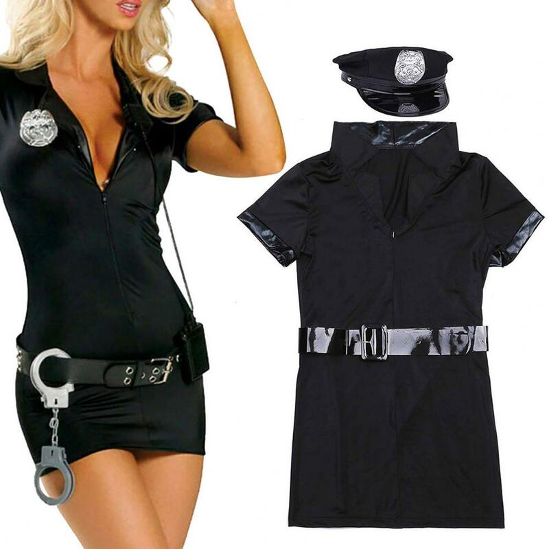 V Neck Cops Mini Dress Women Sex Suit Sexy Cops Cosplay Uniform with Lapel V Neck Mini Dress Badge Manacle Belt Women Dress