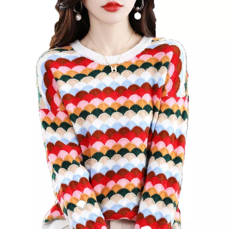 Suéter de malha de caxemira feminino 100% lã merino, arco-íris com gola em O, pulôver solto, tops para assentamento, moda casual, outono, inverno