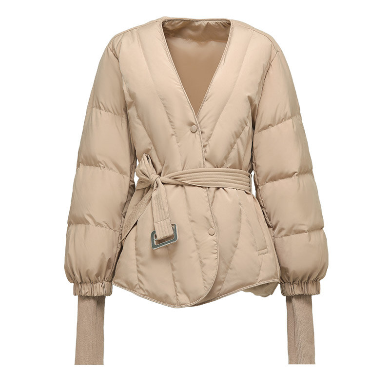 New Women Patchwork White Duck Down Jacket Mid-length V-neck Kint Sleeve Lace-up Fashion Single Breasted Loose Coat Tide Winter
