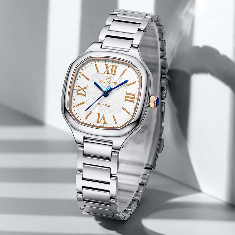 NAVIFORCE-Relógio de pulso feminino com mostrador quadrado, relógio quartzo de luxo impermeável com pulseira de aço inoxidável, relógio estilo vestido feminino