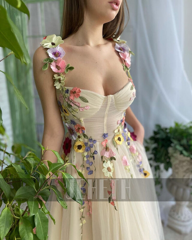 JEHETH gaun Prom sampanye bunga Pastoral Sweetheart Tulle applique A-Line pesta Tea-Length gaun malam jubah De Mariee