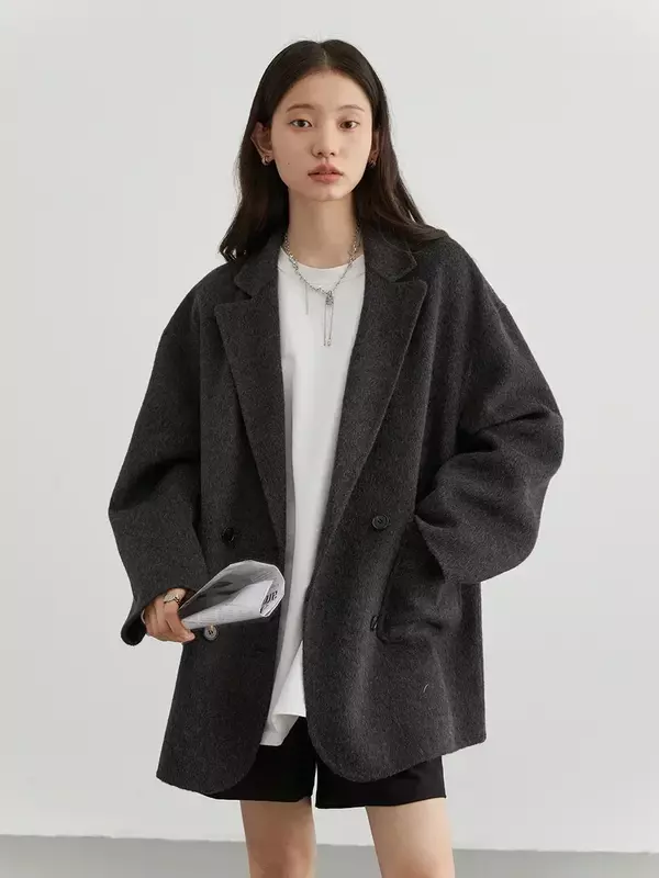 Шикарные женские шерстяные пальто, свободная повседневная двубортная Ретро верхняя одежда для офиса, Осень-зима 2023