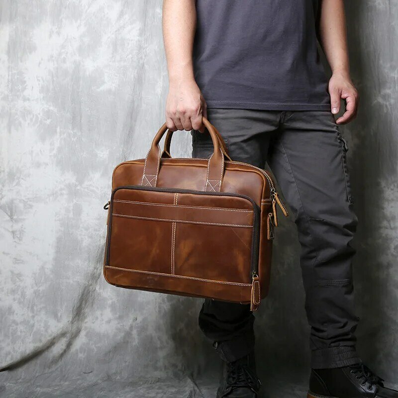 Винтажный портфель из натуральной кожи, Мужская Горизонтальная Вместительная деловая Повседневная сумка