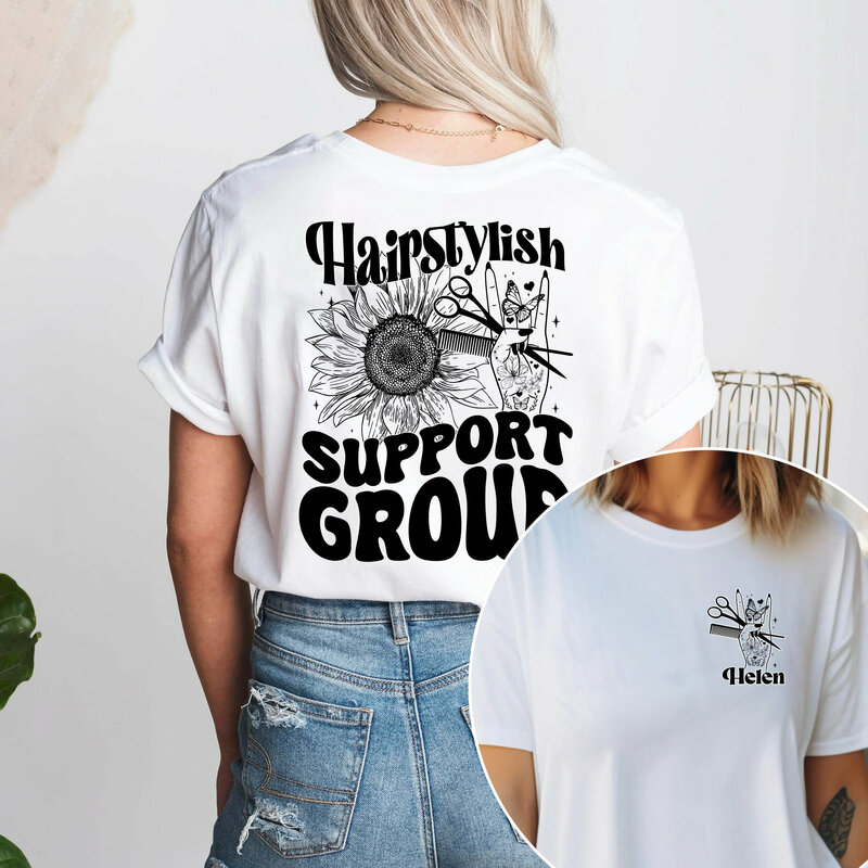 Camiseta feminina do grupo de apoio, camiseta feminina, ferramentas para cortar cabelos, camisa traseira do girassol, camiseta de verão, nova tendência