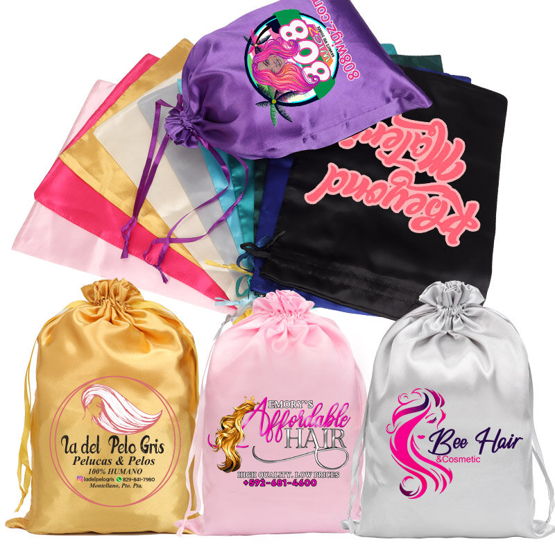 Bolsas de satén de seda con logotipo privado para pelucas, bolsas de almacenamiento de cabello para paquetes, extensiones de cabello, bolsas grandes de satén con cordón