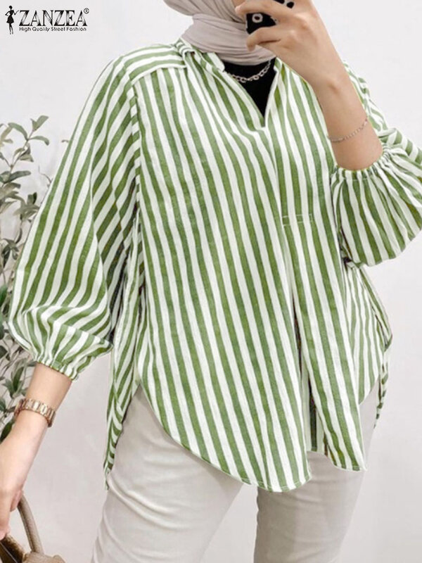 ZANZEA camicetta musulmana da donna camicia a righe a maniche lunghe top Casual con scollo a V abbigliamento isamico camicette da lavoro per feste eleganti femminili Mujer