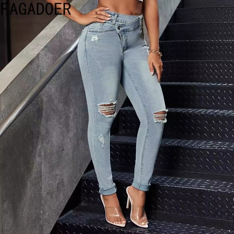 Fagadoer-سروال رصاص جينز أزرق فاتح للنساء ، جينز عالي الخصر مع ثقب ، مرن ، نمط رعاة البقر ، الموضة