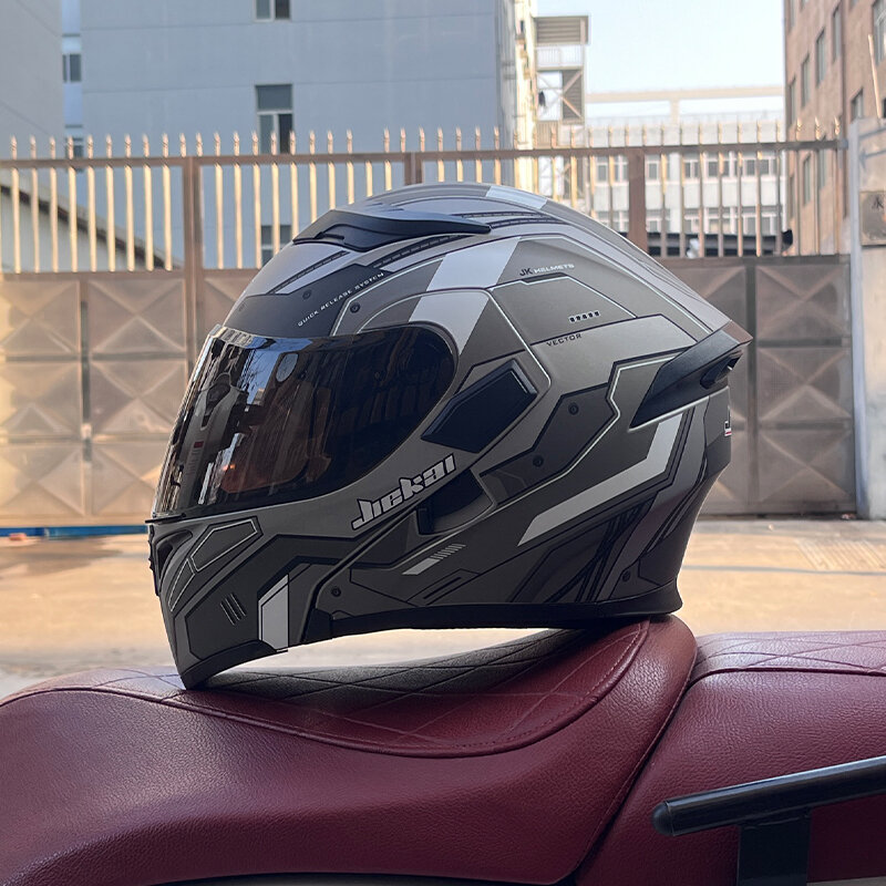 JIEKAI-casco de motocicleta con forro extraíble, visera de doble lente, abatible hacia arriba, para carreras, Motocross, verano e invierno