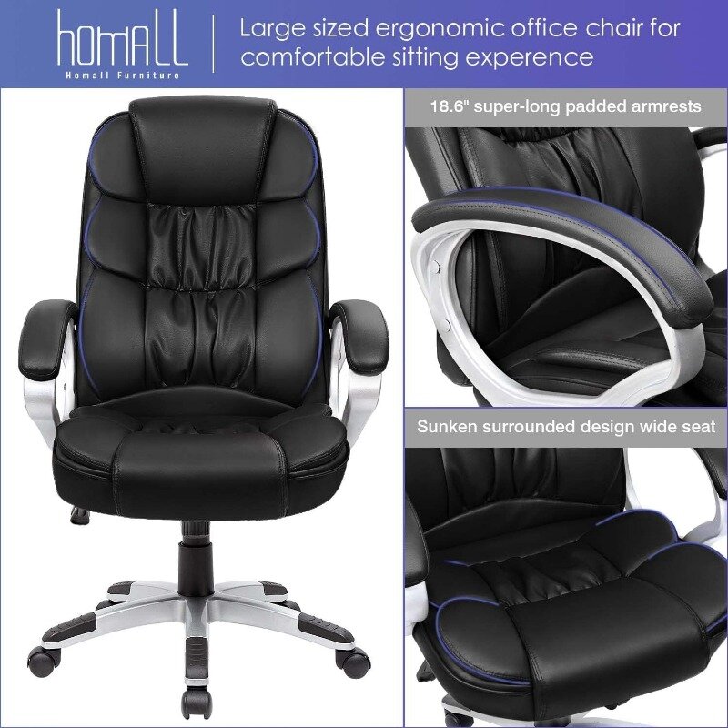 Homall-PU Leather Swivel Office Chair, Costas Altas, Mesa de Computador, Altura Ajustável, Executivo Moderno, Tarefa