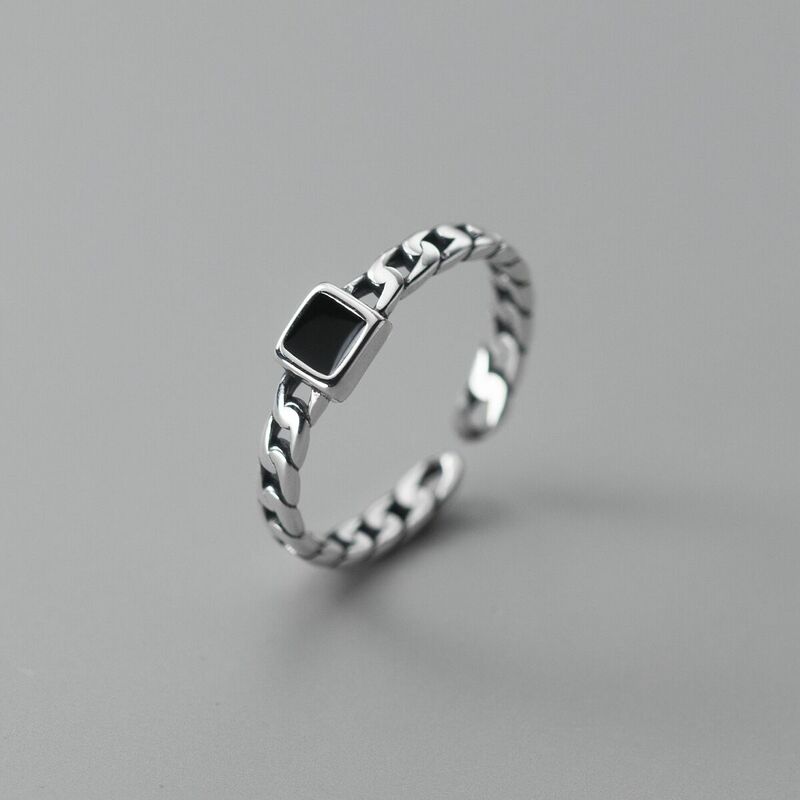 100% Solid 925 Sterling Silver Retro Black Stone Rings For Women Simple Trendy Retro Anillos Party Gifts Accessories